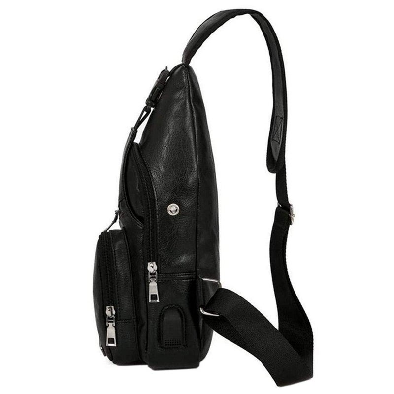 Hebetag Leather Sling Crossbody Bag Travel Backpack for Men Women Small Shoulder Pack Chest Bags with USB Charging Port Outdoor Hiking Camping Daypacks Black - Image 4